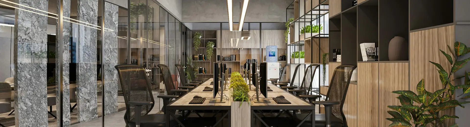 Grande salle de réunion en bois clair, avec des plantes